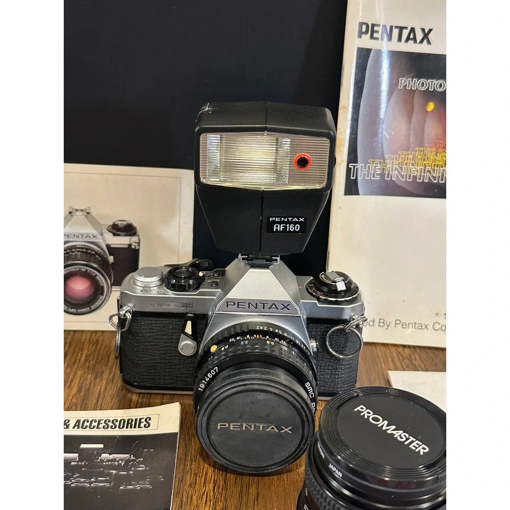 Pentax ME Super 35mm SLR Film Camera Kit with 28mm Lens AF160 Flash and Manuals